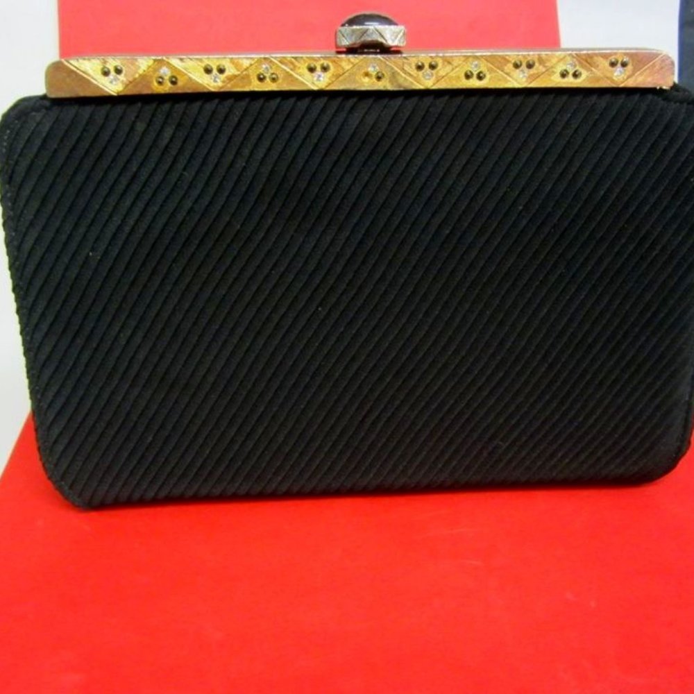 VTG 50-60'S LITTLE BLACK EVENING BAG/CLUTCH TEXTURED W/GOLD ACCENTS